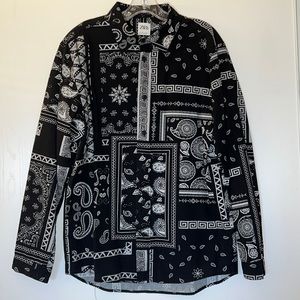 Zara Bandana Shirt Paisley 100% Cotton Mens Button Down Black & Gray Size Medium